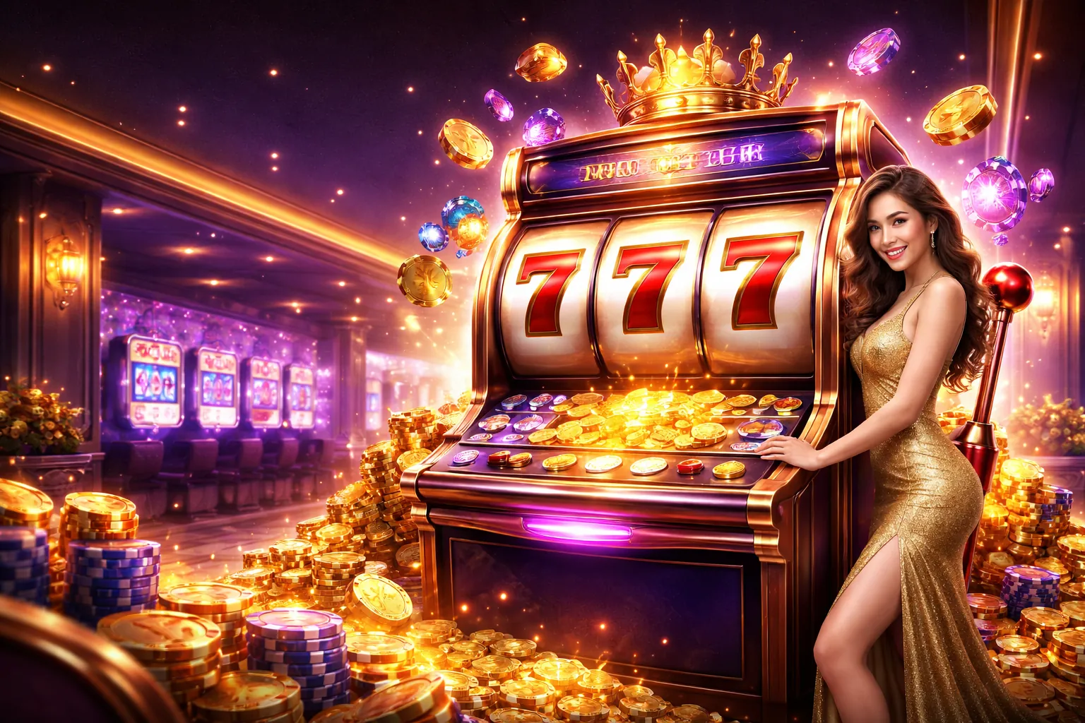 Máy đánh bạc cổ điển với nhiều tiền vàng và đèn casino